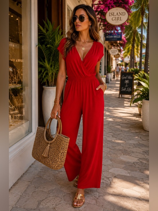 Express Pants - Express Red Wide Leg Faux Wrap Jumpsuit Size S/P